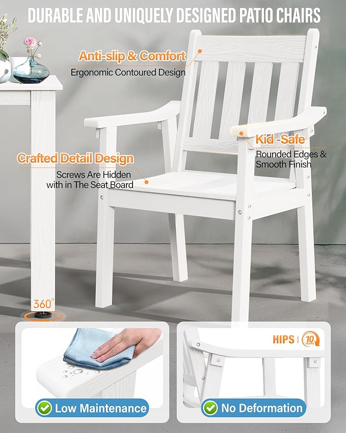 YEFU HIPS Patio Table Set: 7 Piece Outdoor Table and Chairs Dining Furniture Set with Umbrella Hole - White Modern Plastic Dining Sets 6 Person for Outside Deck with Metal Aluminum Frame