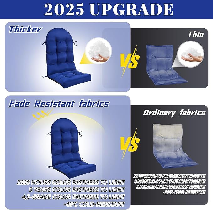 Geelin 4 Pcs Adirondack Chair Cushion High Back Patio Chair Cushion 44 x 19 x 4 Inch Tufted Weather Resistant Fade Resistant Seat Rocking Chair Cushion for Patio Rocking Chair Cushion Seat (Dark Blue)