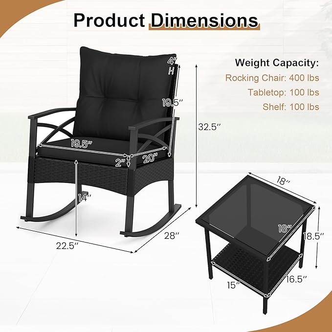 Tangkula 3 Pieces Outdoor Rocking Chairs Set, Rattan Heavy Duty Cushioned Rocker Chairs with 2-Tier Tempered Glass Coffee Table, for Garden, Balcony, Backyard (Black+Gray)