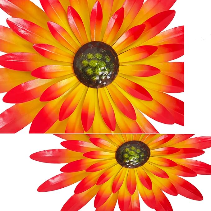2PCS Metal Flower Wall Decorations - 12 Inch, Orange and Blue, Metal Flower Wall Art Garden Decor Hanging for Indoor and Outdoor