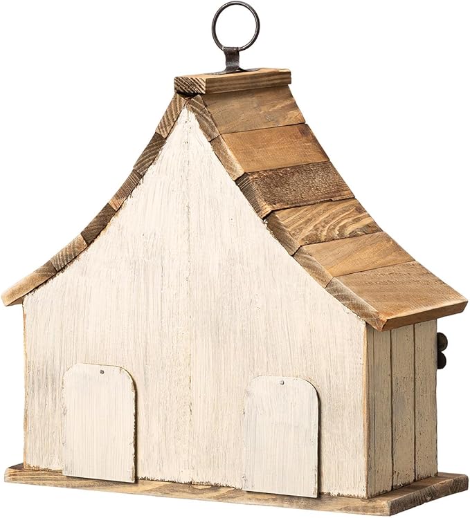 Glitzhome Hanging Birdhouses for Outside,10.75" L Distressed Solid Wood Birdhouse with 3D Flowers Rustic Two-Story Townhouse Hand-Painted Bird Houses for Outdoors,Washed White