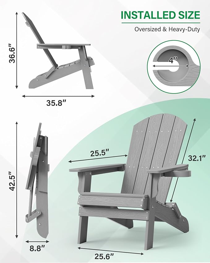 YEFU Adirondack Chair, Oversized Plastic Adirondack Chair Folding Outdoor Chairs with Cup Holder, Lawn Chair with Weather Resistant for Outside Deck Lawn Garden, Weight Capacity Up to 400 Lbs –Grey