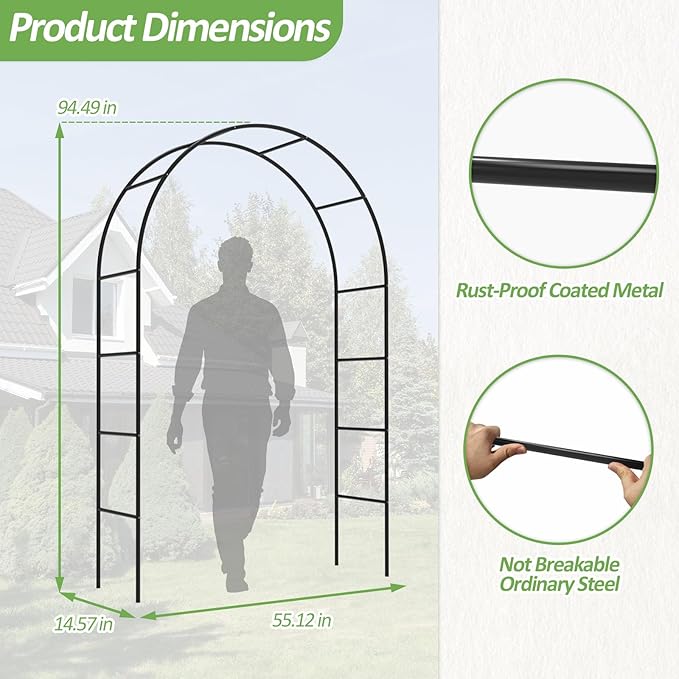 Garden Arch Trellis for Climbing Plants Outdoor - Height: 94.5", Width: 55", Sturdy Metal Garden Arbor with Rust-Proof Coating, Garden Arch for Wedding Decorations and Balloon Arch Stand