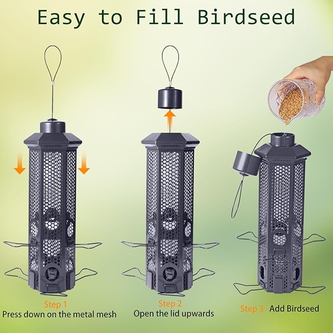 Squirrel Proof Bird Feeders with Removable Base, Metal Wild Bird Feeder for Outdoors Hanging, 6 Weight-Activated Ports Perches, 3LB Seed Capacity(Gray)
