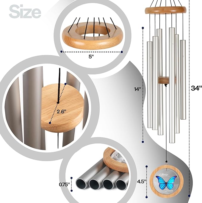 Wind Chimes for Outside, Wind Chimes Outdoor Clearance, Deep Tone Outdoors, Butterfly Wind Chime, Memorial, Sympathy Gift, Patio, Porch, Home Décor, Modern, Acrylic Art, Silver (34" Blue Butterfly)