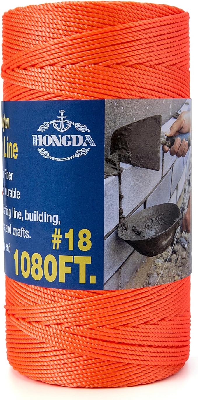 HONGDA #18 Braided Nylon Twine, 1080FT, Orange, Mason Line for Masonry, Workshop, Crafts, Gardening