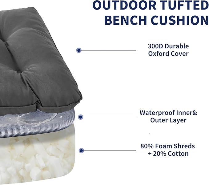Outdoor Bench Cushion, 48x18x5 Inch, Waterproof Bench Cushion for Outdoor/Indoor Furniture, Tufted Patio Bench Seat Cushion, Fade Resistant Outdoor Cushions for Porch Swing Couch, Dark Grey