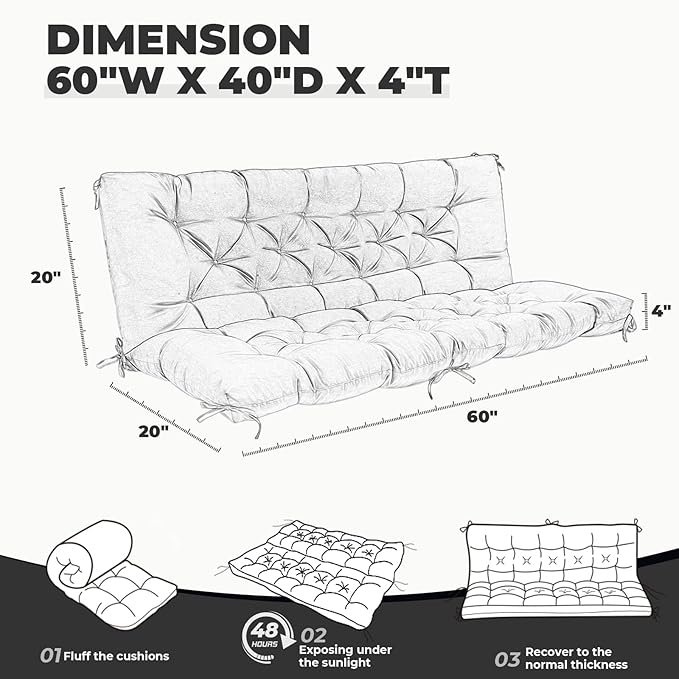 Porch Swing Cushions, Waterproof Swing Cushions Replacement with Backrest, Outdoor Swing Bench Cushions 2-3 Seater Replacement for Patio Furniture 60x40 (Black)
