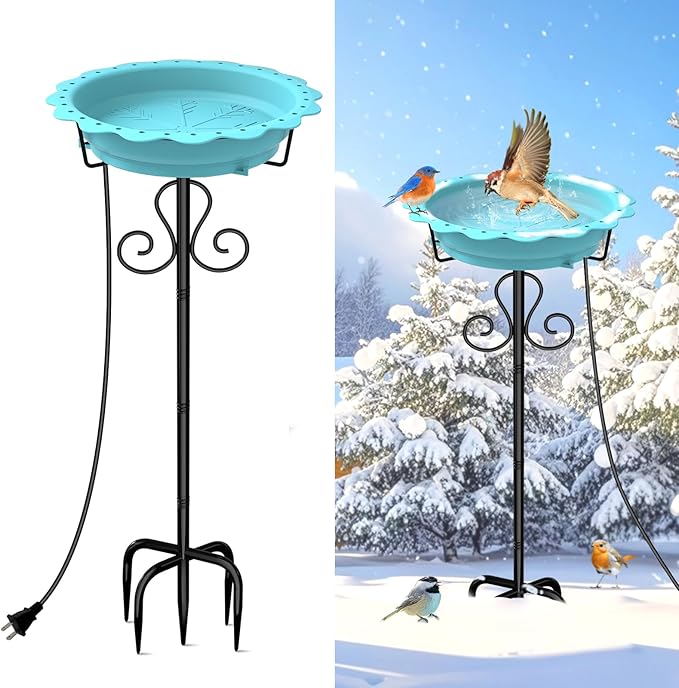 Heated Bird Baths for Outdoors, 100W Heated Birdbath Bowl for Outdoors for Winter with 5-Prong Metal Base Thermostat Control, Heated Bird Bath for Outside Winter Garden Patio Yard Lawn (Blue)