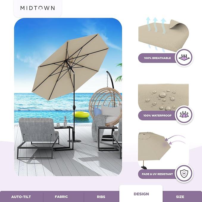 Midtown Umbrellas - 10-Year-No-Fade 8 Ft Patio Umbrella with Terylast Fabric, Auto-Tilt Aluminum Frame and 8 Reinforced Ribs for Deck, Pool, Garden & Beach - Chestnut Beige Canopy, Black Pole