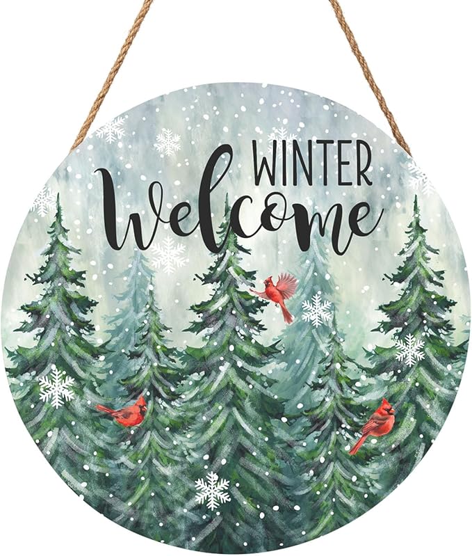 Winter Welcome Snowflake Door Sign For Front Door Decor,Winter Farmhouse Green Pine Tree Cardinal Bird Wooden Sign 12"x 12" Round Wood Hanging Door Sign Decoration for Winter Wall Rustic Porch Decor