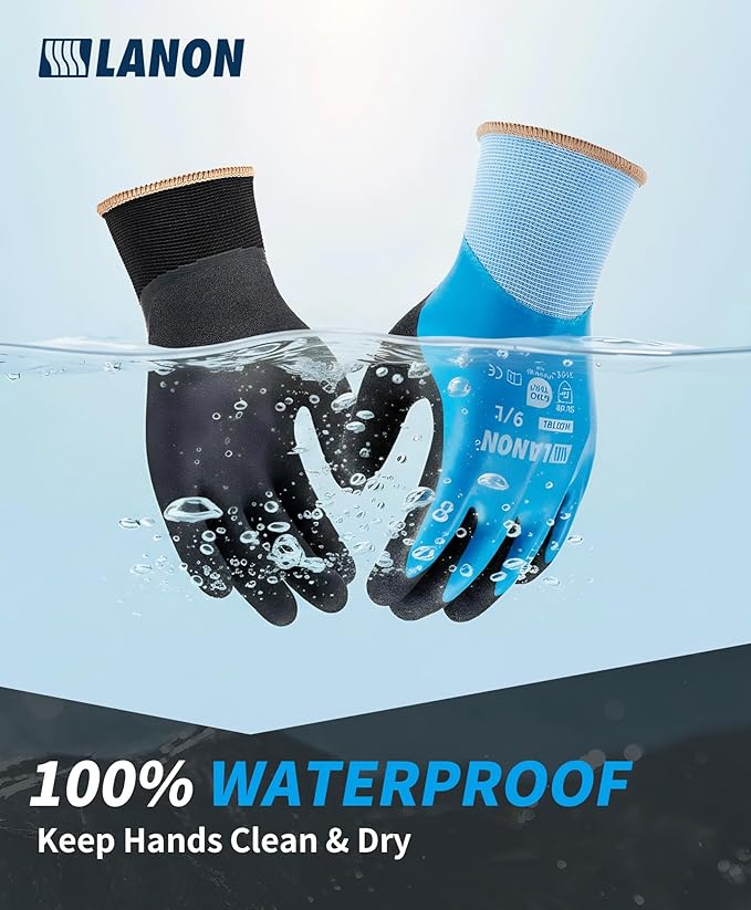 LANON 2 Pairs Waterproof Work Gloves for Men and Women,Double Rubber Coated for Gardening, Outdoor Construction,Car & Fish Cleaning, Non-Slip Grip, Elastic Cuff, Blue&Black,Small