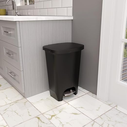 Glad Premium 13 Gallon Trash Can - Plastic Kitchen Waste Bin with Odor Protection of Lid, Stainless Steel Step On Foot Pedal and Garbage Bag Rings, Black