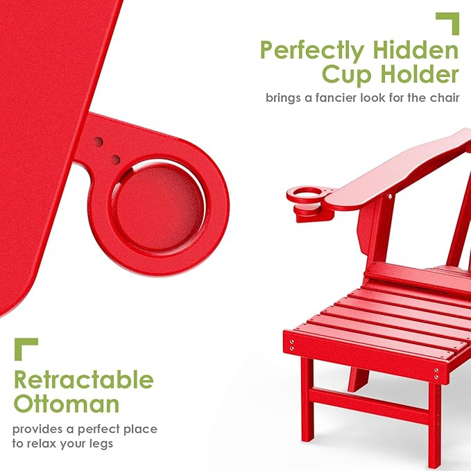 GREENVINES Adirondack-Chairs-with-Ottoman | Set of 6 | Folding | Retractable-Footrest | HDPE Plastic | All Weather Fire Pit Chair | Cup Holders | Red | for Outdoor Poolside