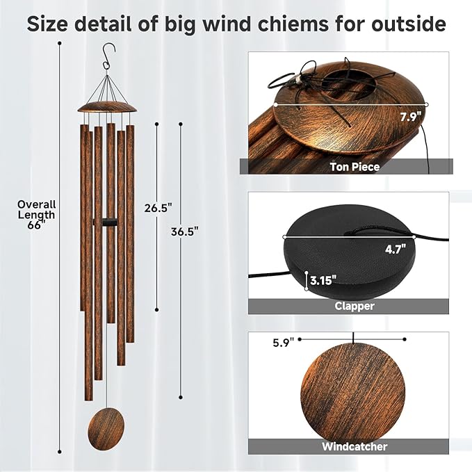 66" Extra Large Wind Chimes for Outside Deep Tone, 6 Thick and Bold Aluminum Tubes Tuned Relaxing Melody Wind Chime, Big Wind Chimes for Garden Patio Decor, Great Gift Idea for Mother's Day (Vintage)