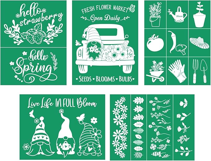 DGAGA 5 Set Spring Silk Screen Stencils Self Adhesive Screen Printing Stencil Reusable Mesh Stencils Garden Chalk Stencils for Chalk Paste Paint on Wood Signs, Fabric,DIY Home Decor,Crafts Chalks Art