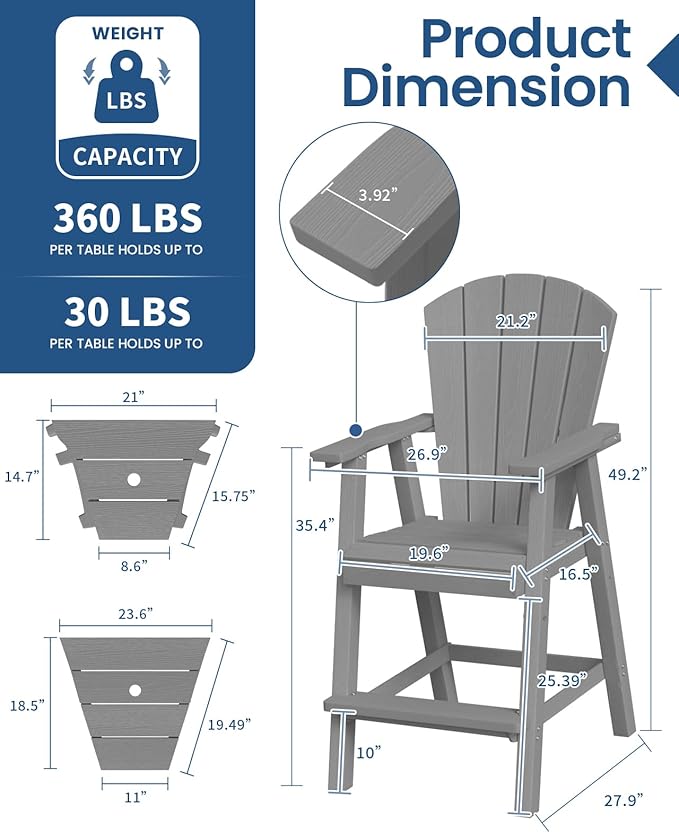 Ciokea Tall Adirondack Chairs Set of 4, HDPE Outdoor High Back Adirondack Chair with Double Connecting Tray, Weather Resistant Balcony Chairs for Deck, Lawn, Pool, Backyard, Gray