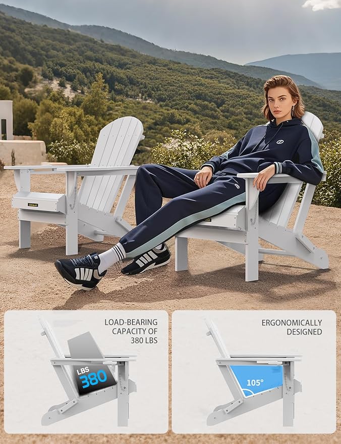 Carauci Plastic HDPE Adirondack Chair, Folding Adirondack Chair Weather Resistant with Cup Holder, Wooden Textured Fire Pit Outdoor Chair for Garden, Porch, Lawn, Backyard, Supports 380LBS, White