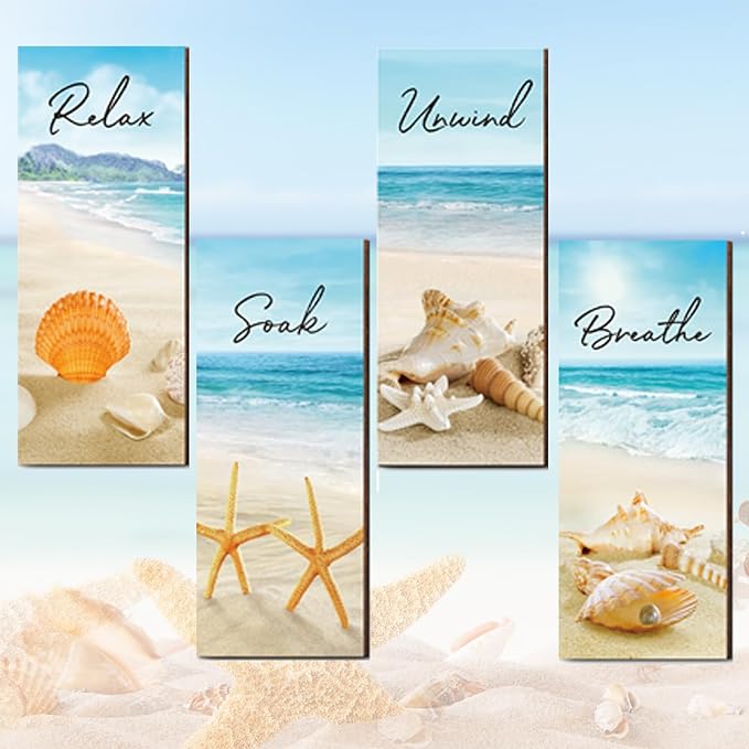4 Pieces Beach Bathroom Decor Ocean Beach Wall Decors Relax Soak Unwind Breathe Blue Wall Art Hanging Sign Seashell Starfish Wooden Sign for Bathroom Living Room Laundry Spa Washroom(beach, 10x4 Inch)