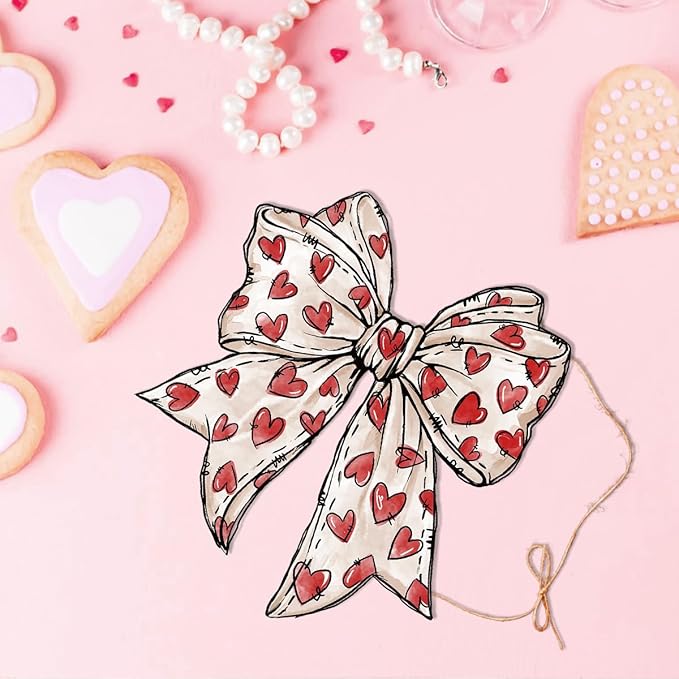 Valentines Day Wall Decor, Valentines Day Door Decorations, Gift for Boyfriend Girlfriend Husband Wife, Coquette Heart Bow Wood Hanging Sign Anniversary Porch Home Bedroom Office Door Decor