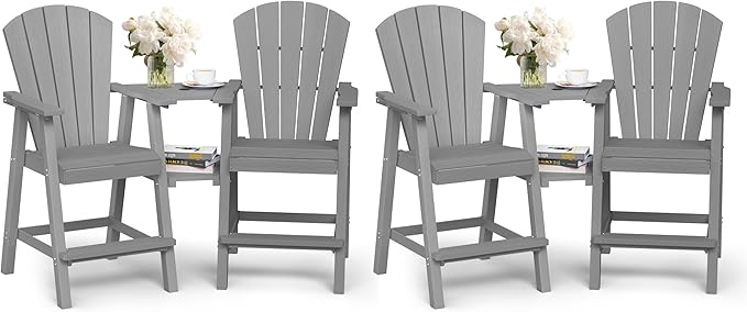 Ciokea Tall Adirondack Chairs Set of 4, HDPE Outdoor High Back Adirondack Chair with Double Connecting Tray, Weather Resistant Balcony Chairs for Deck, Lawn, Pool, Backyard, Gray