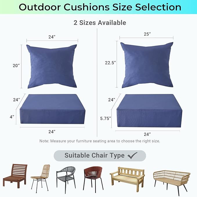 Outdoor Cushions for Patio Furniture,Outdoor Seat Cushion Set 24 x 24 x 4 Inch,Waterproof & Fade Resistant Outdoor Chair Cushions,Deep Patio Chair Cushion with Removable Cover,Navy Blue