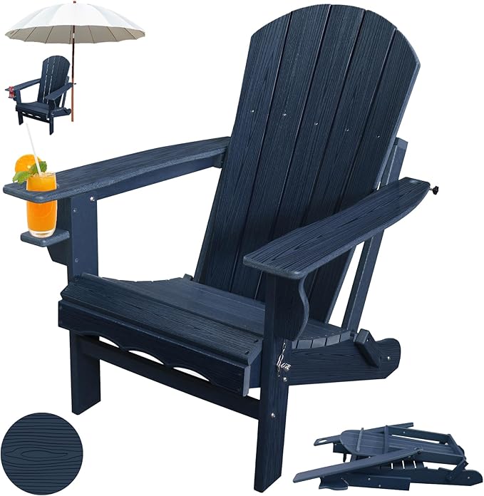 Folding Adirondack Chairs, HDPE Plastic Adirondack Chair with Cup Holder Weather Resistant, Wood Texture Outdoor Fire Pit Chairs for Patio Garden,Poolside and Deck, Umbrella Hole, Dark Blue