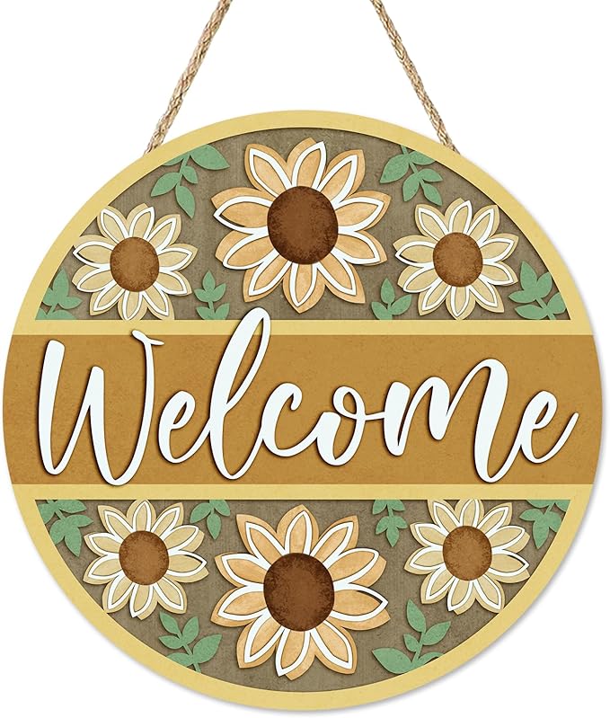 Welcome Sunflower Front Door Sign, Spring Summer Yellow Flower Wood Hanger Outdoor Outside Porch Home Decor, Fall Floral Wooden Wreath Indoor Wall Hanging Decoration