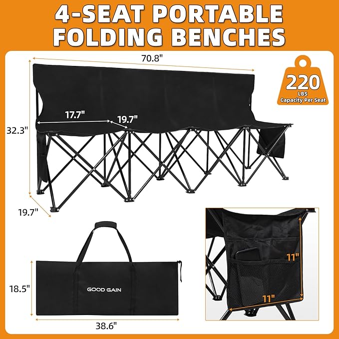 G GOOD GAIN Portable Soccer Bench - Team Bench Soccer 4 Seats with Bag, Sideline Folding Bench, Folded Chair Seating 4 for Football Camp Outdoor Sport Events, Team Chairs for Adults, Black