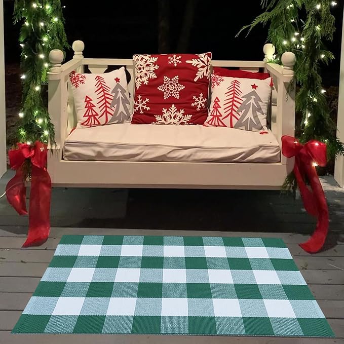 CAINANEL Green and White Buffalo Plaid Outdoor Rug Spring Door Mat Layering Rug Welcome Doormats for Spring Easter Farmhouse Entrance Porch Outdoors Decor