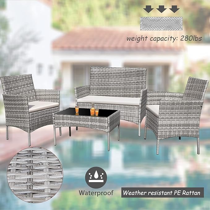 Homall 4 Pieces Outdoor Patio Furniture Sets Rattan Chair Wicker Set,Outdoor Indoor Use Backyard Porch Garden Poolside Balcony Furniture (Grey and Beige)