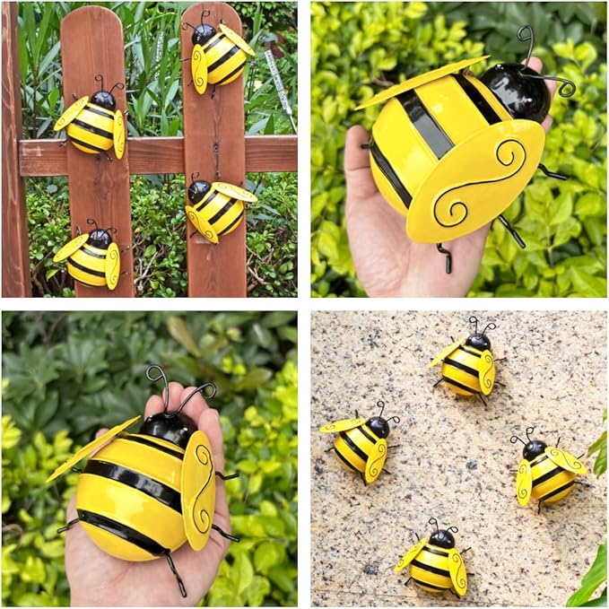 MACLARONX 4 PCS Metal Bumble Bee Garden Decor Outdoor Honey Bee Fence Yard Art Outside Patio Home Wall Decoration