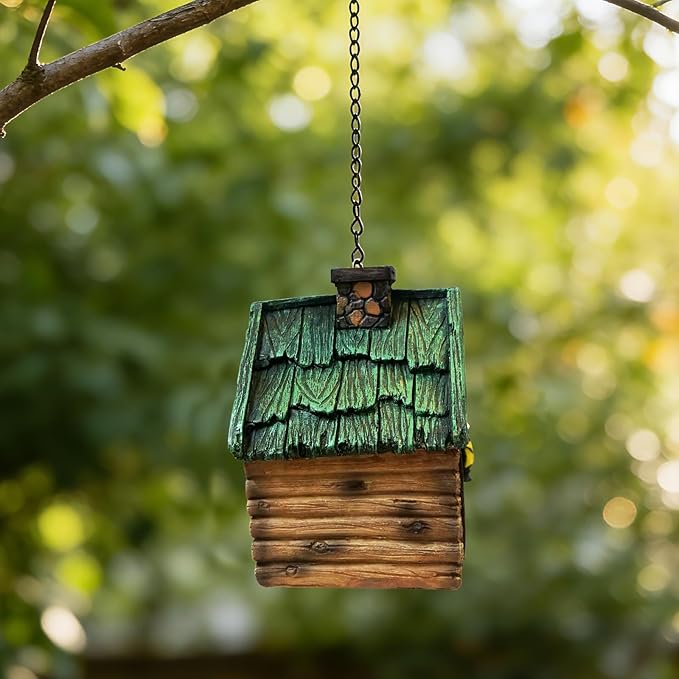 Bird Houses for Outside, Wood-Look Resin Bluebird House with Hanging Chain, Waterproof & Practical Forest Bird Houses, Decorative Hanging Birdhouse for Yard Garden Decor, Wood House