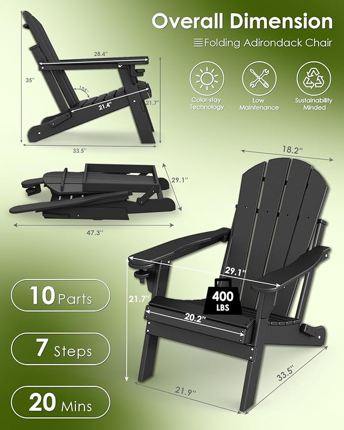 GREENVINES Folding-Adirondack-Chairs-Set-of-4 | HDPE Plastic | Fire Pit Chair | All Weather | Cup Holder | Black | for Deck Backyard Patio Outdoor Garden