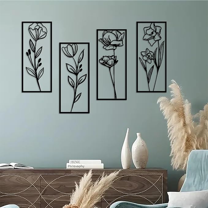 DUOOLN Metal Flowers Wall Art Decor, 4pcs Minimalism Flower Hanging Iron Decoration, Modern Plant Potted Art Sculpture Sign, Home Bedroom Bathroom Outdoor Indoor Kitchen Feature Wall-15.7x6.69in