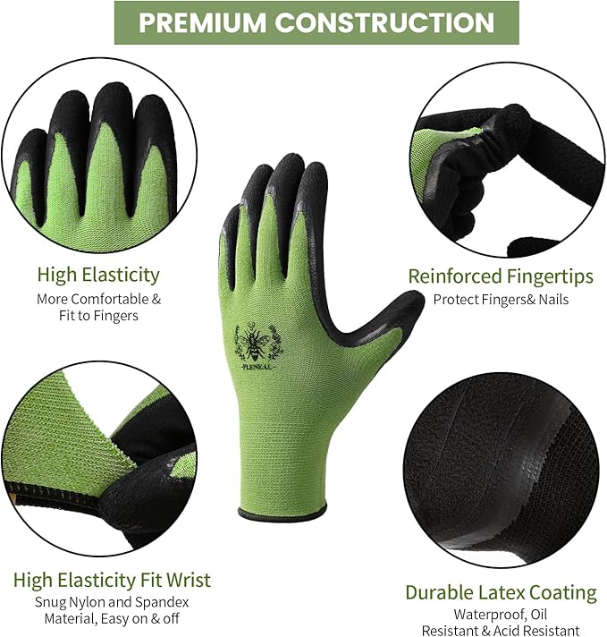 Pleneal Gardening Gloves for Women Men - 6/3 Pairs Garden Gloves with Grip, Latex Coated Working Glove, Medium Size