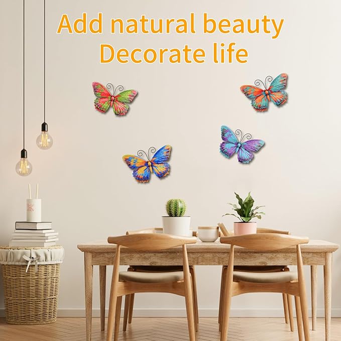 Junware 4 Pieces Metal Butterfly Wall Art Decor - 7.5" Outdoor Fence Wall Sculpture Decor, Hanging Decoration for Garden Yard Living Room Bedroom Patio Balcony, Nice Gift for Mom Friend