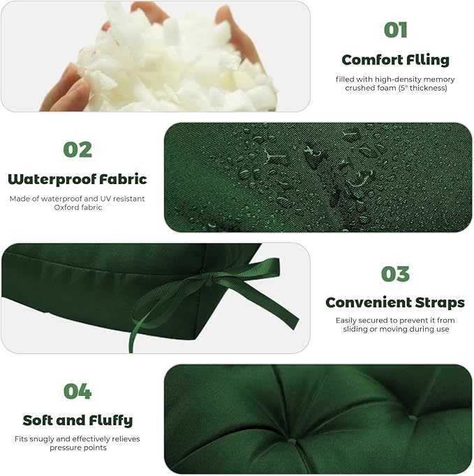 Porch Swing Cushions, Patio Swing Cushions Waterproof for Outdoor Furniture Thickened Outdoor Swing Bench Cushions 2-3 Seater Replacement with Ties for Outdoor Patio Swing (Green, 60x40 in)