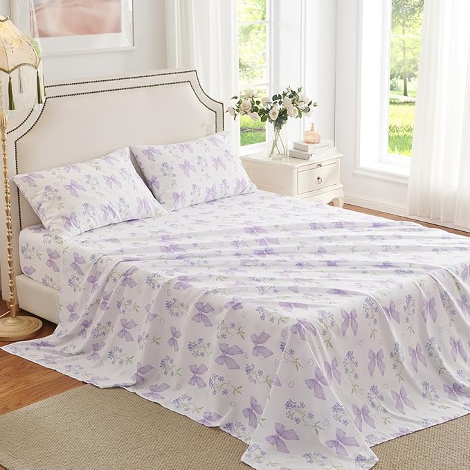 Purple Bow Sheet Set Twin Garden Floral Fitted Sheet Set for Girls Kids Soft Microfiber Fitted Flat Sheets & Pillowcases Cute Princess Style Bowknot Bedding Sets Toddlers 3 Pieces