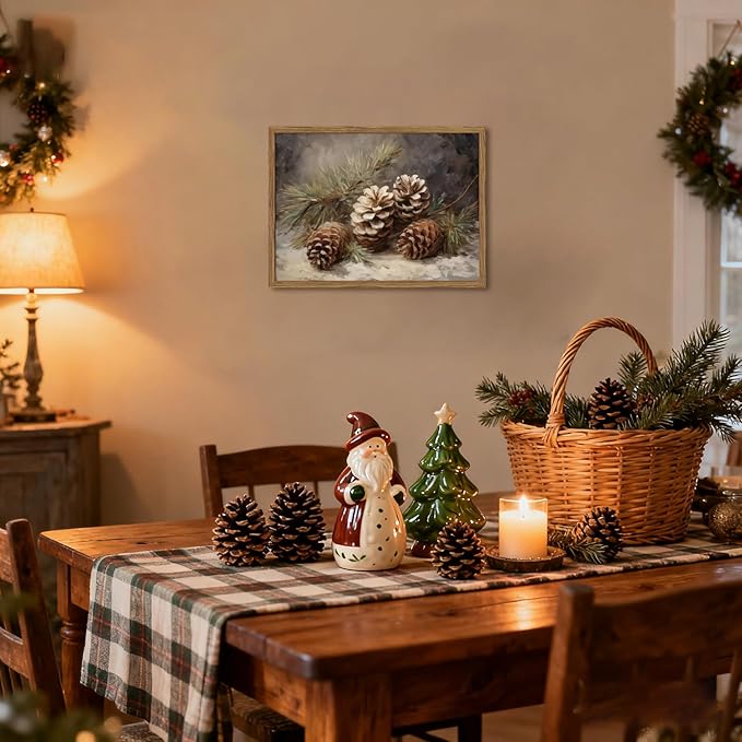 Framed Vintage Christmas Canvas Wall Art, Pine Cones Wall Decor Paintings, Winter Holiday Aesthetic Pictures Prints Rustic Home Decor for Living Room Bedroom Farmhouse 12×16 inch