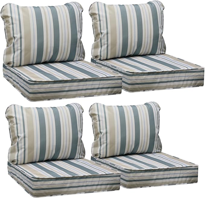 AAAAAcessories Outdoor Seat Cushions for Chairs, Fade-Resistant, Waterproof Patio Furniture Replacement Cushions, 23.5" x 25.5" x 5" + 23.5" x 19", Set of 4, Slate Gray Blue Coastal Stripe