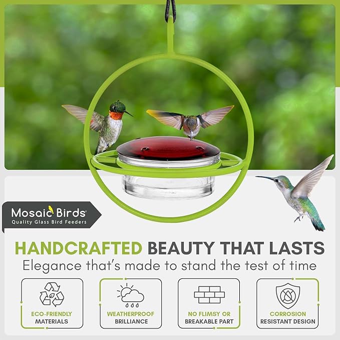 Hummingbird Feeder for Outdoors Hanging, 3.4 OZ Hummingbird Feeders, Glass Bowl with 4 Feeding Ports, Leak Proof Lid & Circular Perch, Bird Feeder (1, Lime)