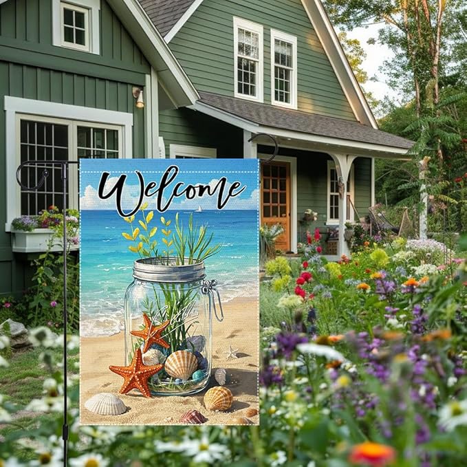 Sea Shell Starfish Mason Jar Garden Flag 12x18 inch Vertical Double Sided Coastal Burlap Outdoor Lawn Beach Welcome Summer Garden Flags Decorations