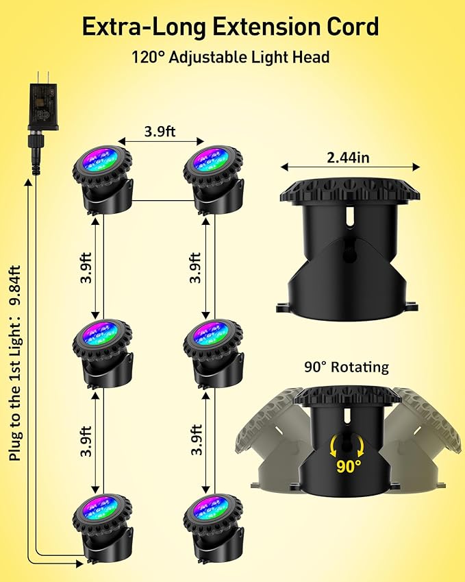 T-SUN LED Pond Lights Underwater, Color Changing Submersible Fountain Lights with APP Control, Waterproof Spotlight with 16 Million Colors, Timing, Music Sync (RGB, 6-Head)
