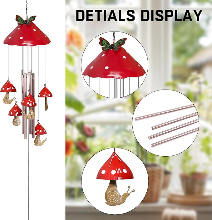 EVOLUX Wind Chimes for Outside, Mushroom Wind Chime Garden Decor Outdoor, Yard Decorations Wind Chimes for Mom Grandma Women Housewarming（Red）