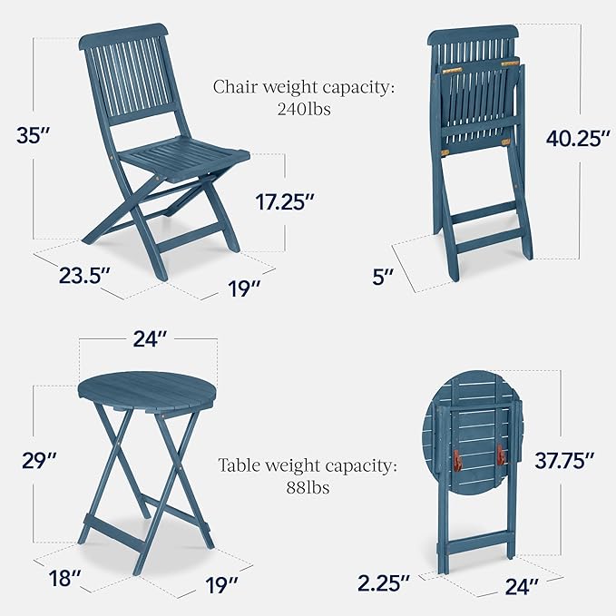 Best Choice Products 3-Piece Acacia Wood Bistro Set, Folding Patio Furniture for Backyard, Balcony, Deck w/ 2 Chairs, Round Coffee Table, Teak Finish - Slate Blue