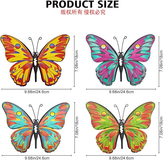 Daogtc Metal Butterfly Wall Decor - 9.6" Outdoor Fence Wall Art Decor, Hanging Decorations for Garden Yard Living Room Bedroom Patio Balcony,Gift for Family Friends(4 Pack)