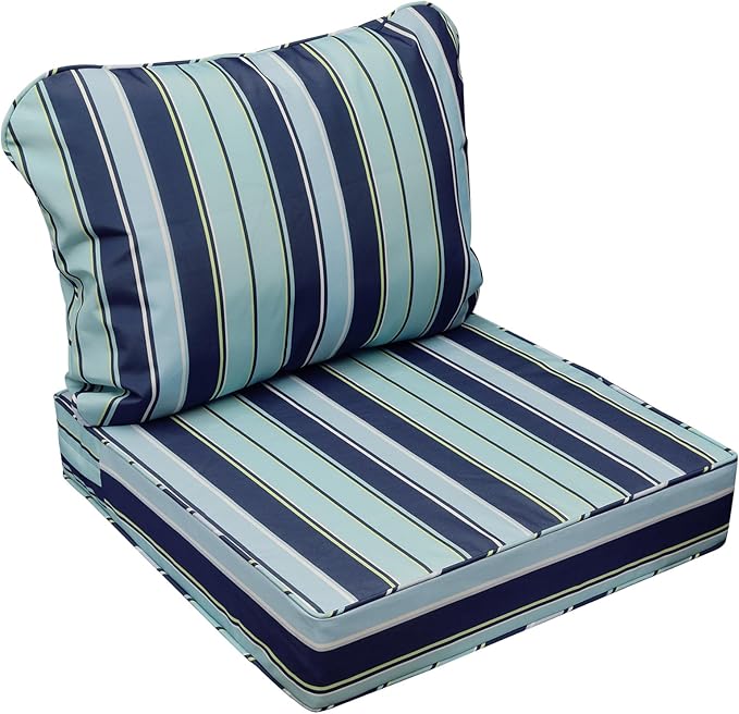 AAAAAcessories Outdoor Seat Cushions for Chairs, Fade-Resistant, Waterproof Patio Furniture Replacement Cushions, 23.5" x 25.5" x 5" + 23.5" x 19", Ash Teal Seaside Stripe