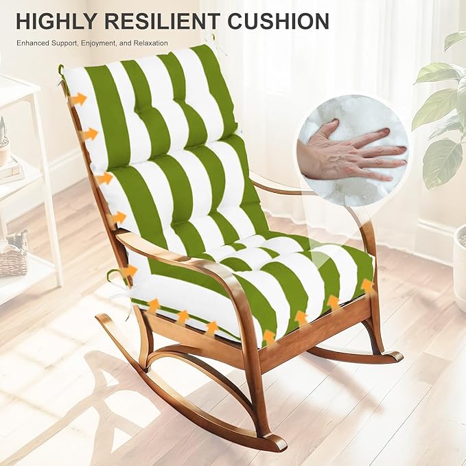 Outdoor High Back Chair Cushions 2-Pack, 44"x22"x 4" Fade-Resistant Waterproof Tufted Pads with Ties for Patio Rocking & Adirondack Chairs (Green White)