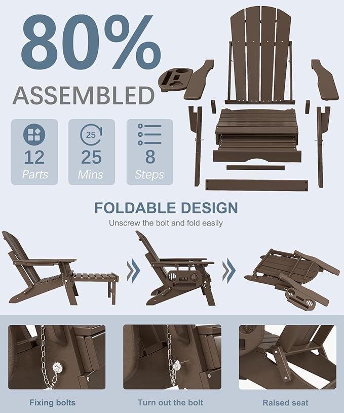 Adjustable Adirondack Chair with Retractable Ottoman Set of 6, HDPE Folding Adirondack Chair with Cup Holder, All Weather Fire Pit Chair for Outdoor.